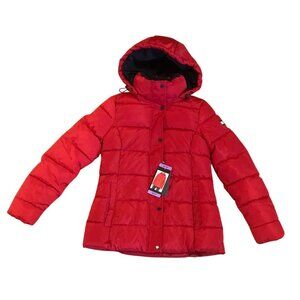 Tommy Hilfiger Womens Red Puffer Jacket Removable Hood XS 100% Polyester NEW